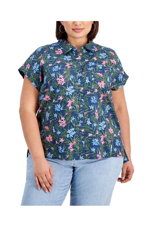 Style & Co Plus Size Printed Cotton Camp Shirt Rihanna White 0X