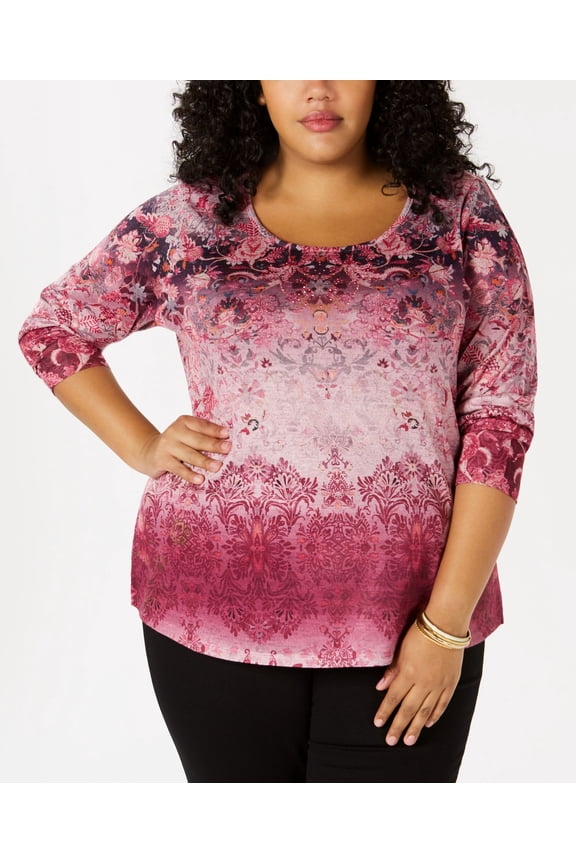 Style & Co Plus Size Printed Embellished Top Pink 3X
