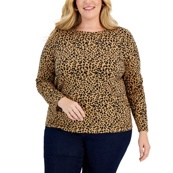 Style & Co Plus Size Printed Long Sleeve T-Shirt Toffee Leopard 2X