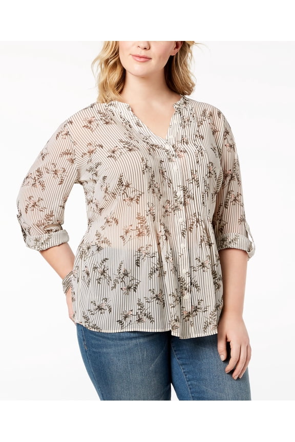 Style & Co Plus Size Printed Pleated Blouse Ivory 1X