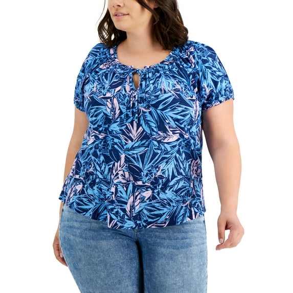 Style & Co Plus Size Printed Puff Sleeve Top Palm Escape Blue 1X
