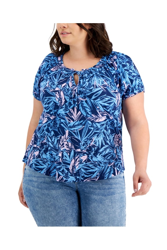 Style & Co Plus Size Printed Puff Sleeve Top Palm Escape Blue 3X