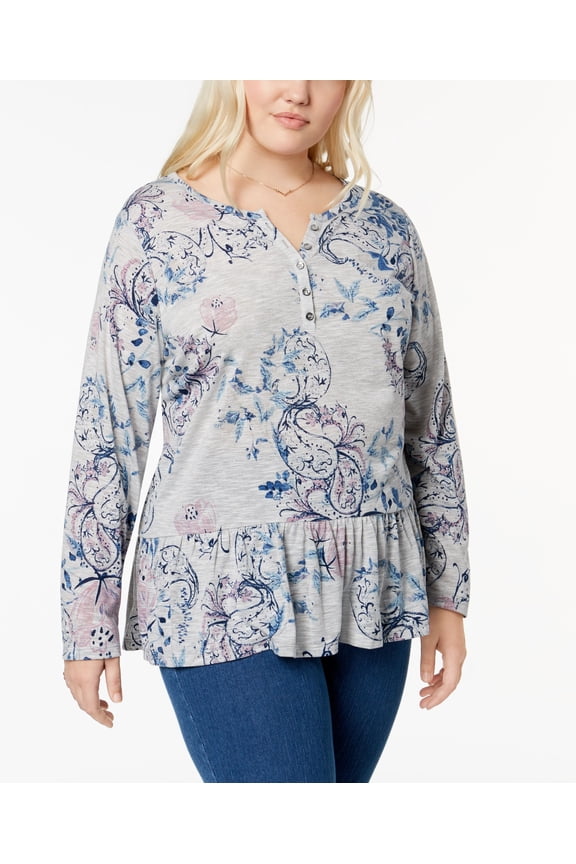 Style & Co Plus Size Printed Ruffled Henley Top Lt/Pas Gry 1X