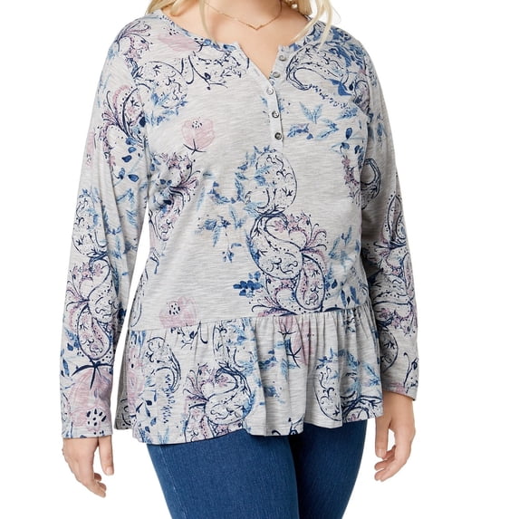 Style & Co Plus Size Printed Ruffled Henley Top Sketchbook 0X