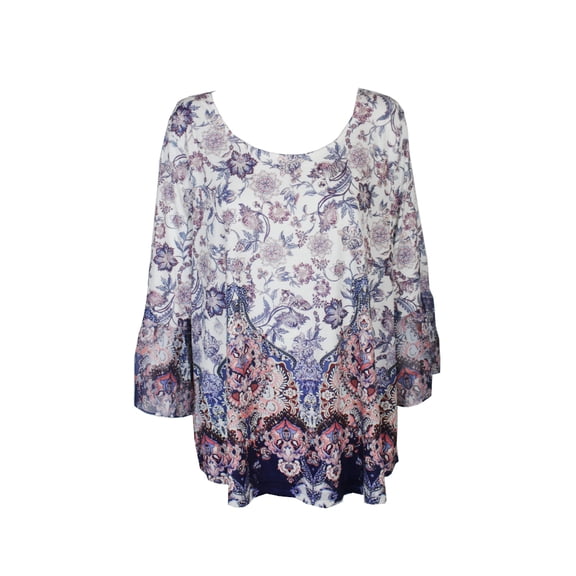 Style Co Plus Size Printed White Printed Bell-Sleeve Top 0X