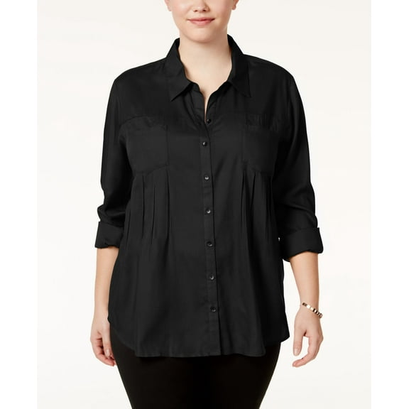 Style & Co Plus Size Roll Tab Shirt Black 1X
