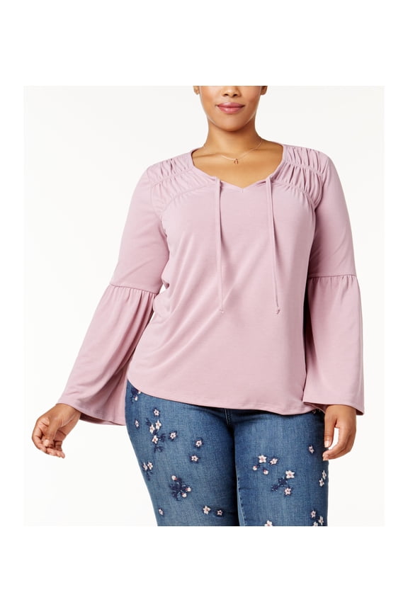 Style & Co Plus Size Ruched Bell Sleeve Top Tender Mauve 0X