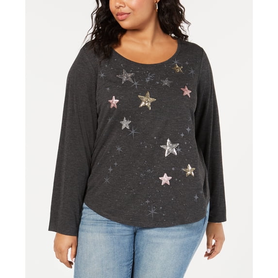 Style & Co Plus Size Sequined Graphic Print Top Darkgray 0X