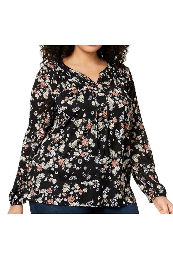 Style & Co Plus Size Smocked Peasant Top Checked Black 2X