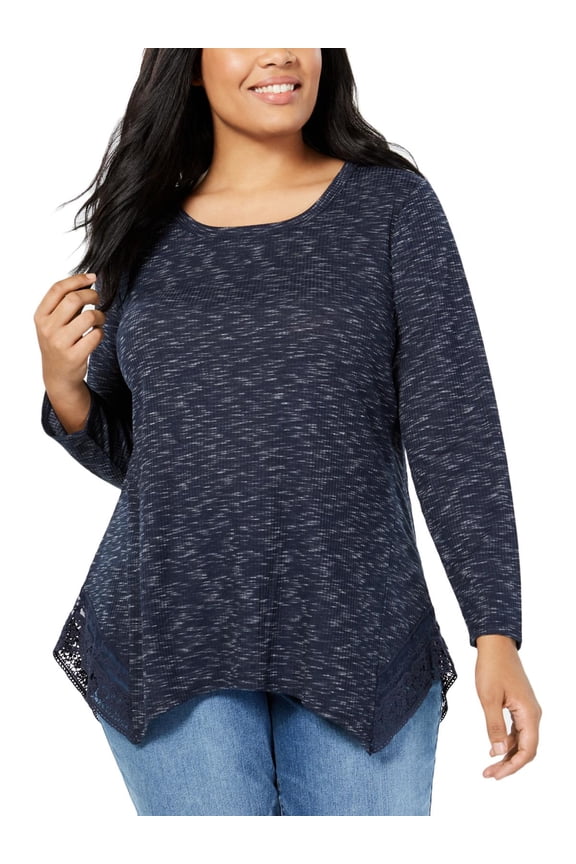 Style & Co Plus Size Space Dyed Lace Handkerchief Hem Top Blue Space Dye 3X