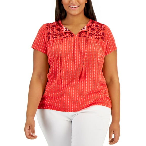 Style & Co Plus Size Split Neck Embroidered Top Red Sound Wave 2X