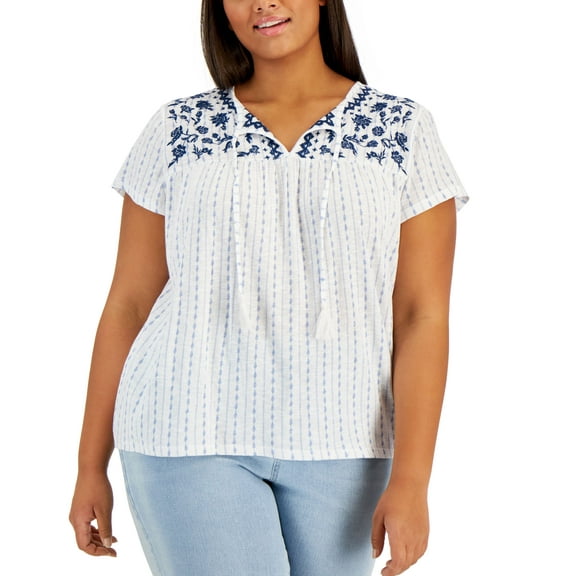 Style & Co Plus Size Split Neck Embroidered Top White Sound Wave 0X