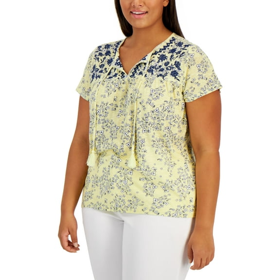 Style & Co Plus Size Split Neck Embroidered Top Yellow Fancy 1X