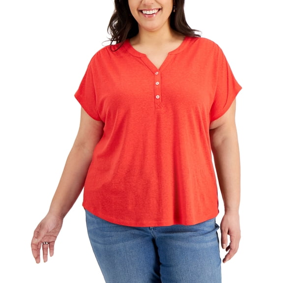 Style & Co Plus Size Split Neck Top Cherry Bliss 2X