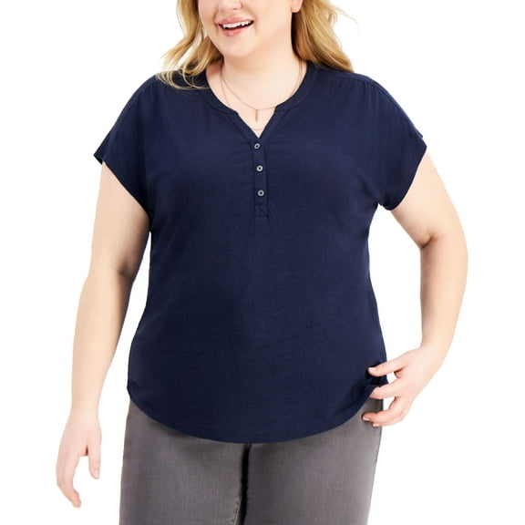 Style & Co Plus Size Split Neck Top Industrial Blue 3X