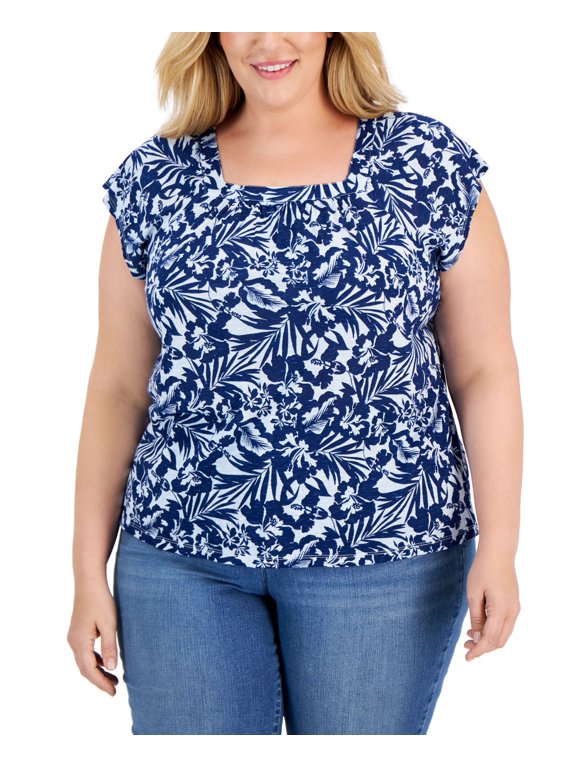 Style & Co Plus Size Square Neck Flutter Sleeve Top Blue Bar Blooms 1X