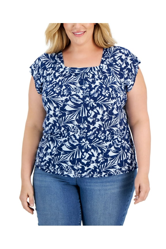 Style & Co Plus Size Square Neck Flutter Sleeve Top Blue Bar Blooms 1X