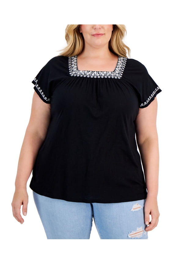 Style & Co Plus Size Square Neck Flutter Sleeve Top Deep Black 3X