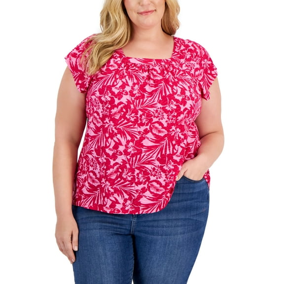 Style & Co Plus Size Square Neck Flutter Sleeve Top Sangria Wine 0X