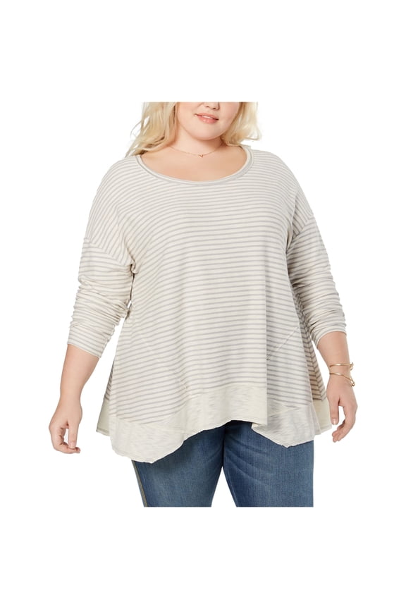 Style & Co Plus Size Striped Bridge Hem Pullover Blouse Stripe Grey Fog 1X