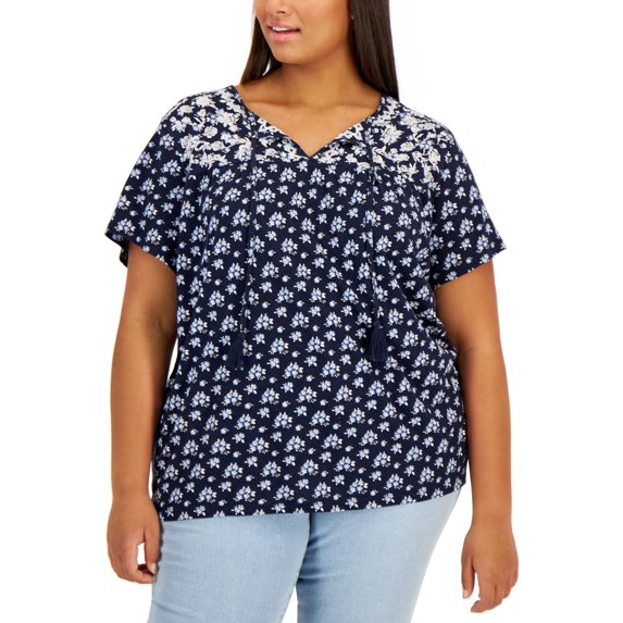 Style & Co Plus Size Tie Neck Top Ditsy Blue 2X