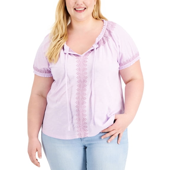 Style & Co Plus Size Tie Neck Top Lavender Bouque 1X