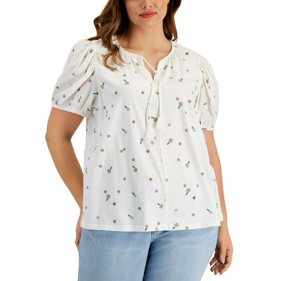 Style & Co Plus Size Tie Neck Top White Garden 1X