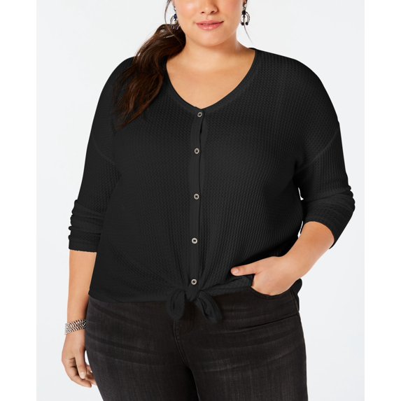 Style & Co Plus Size V Neck Thermal Top Black 0X