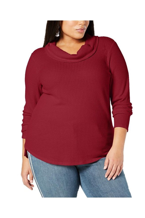 Plus Size Waffle-Knit Cowl-Neck Top Canyon Red 2X