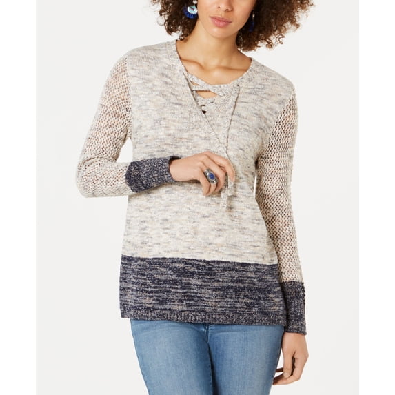 Style & Co Pointelle Sleeve Lace Up Sweater Timeless Navy Combo 2XL