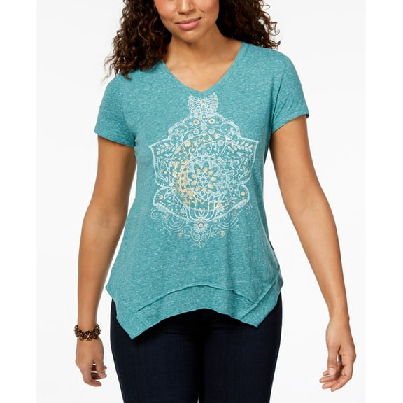 Style & Co Printed Asymmetrical Hem T-Shirt Moon Shine S