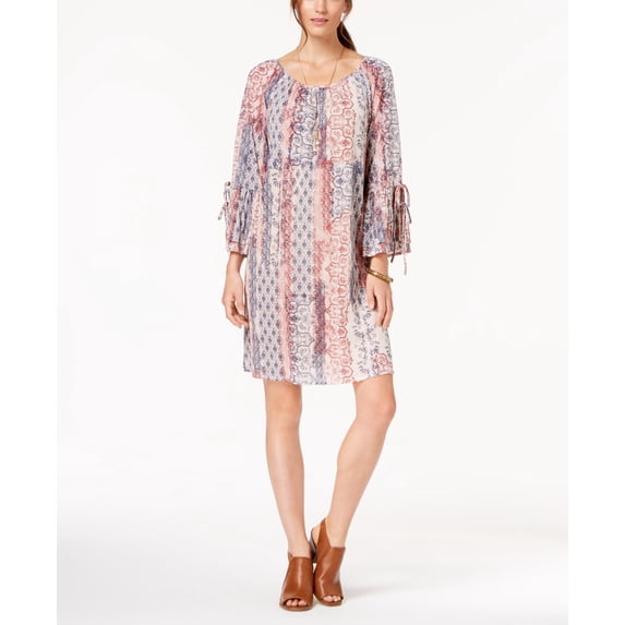 Style & Co Printed Bell Sleeve Peasant Dress Brulee Cornerstone L