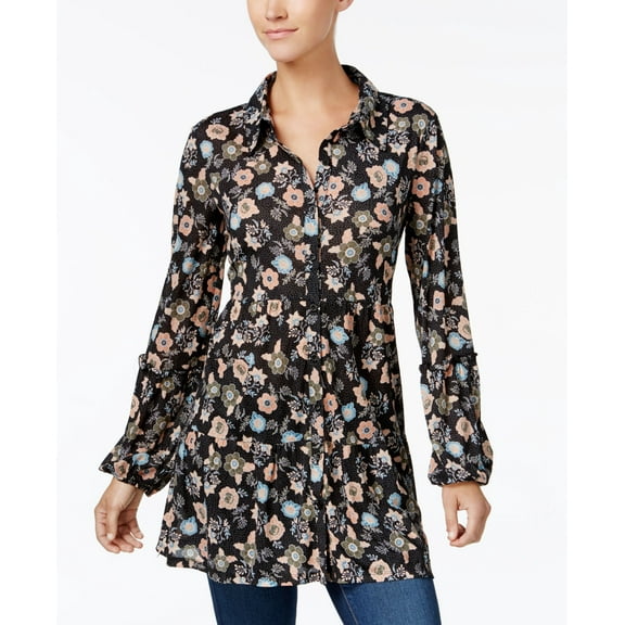 Style & Co Printed Button Front Flounce Shirt Classy Black S
