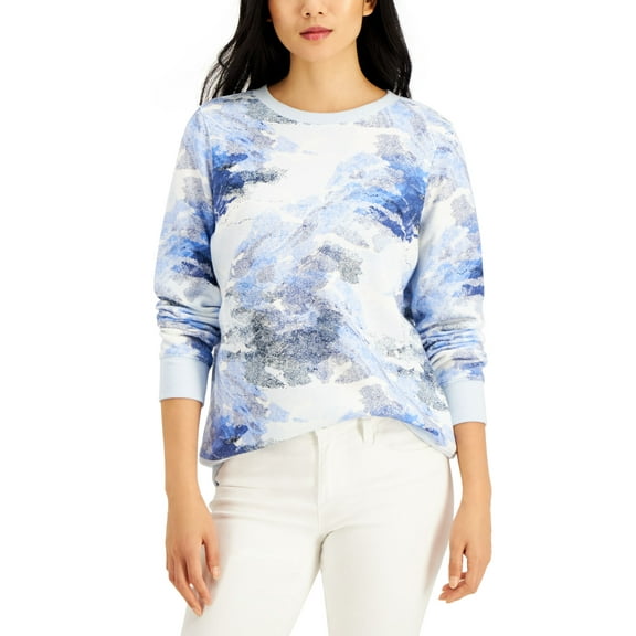 Style & Co Printed Crewneck Sweatshirt Blue Camo XS