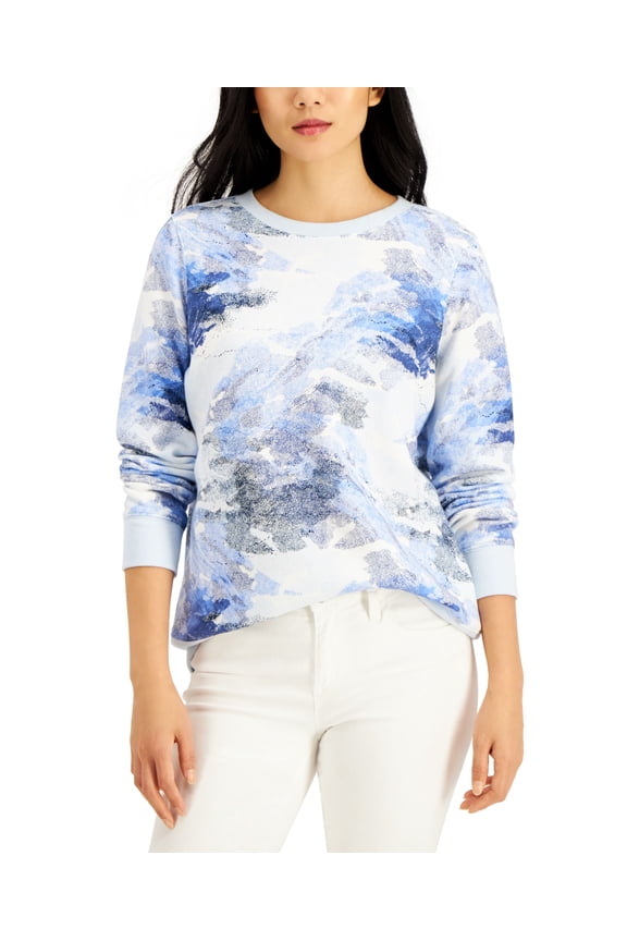 Style & Co Printed Crewneck Sweatshirt Blue Camo XS