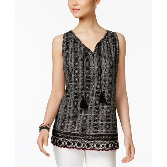 Style & Co Printed Crochet Trim Top Bora Bora Tiles L