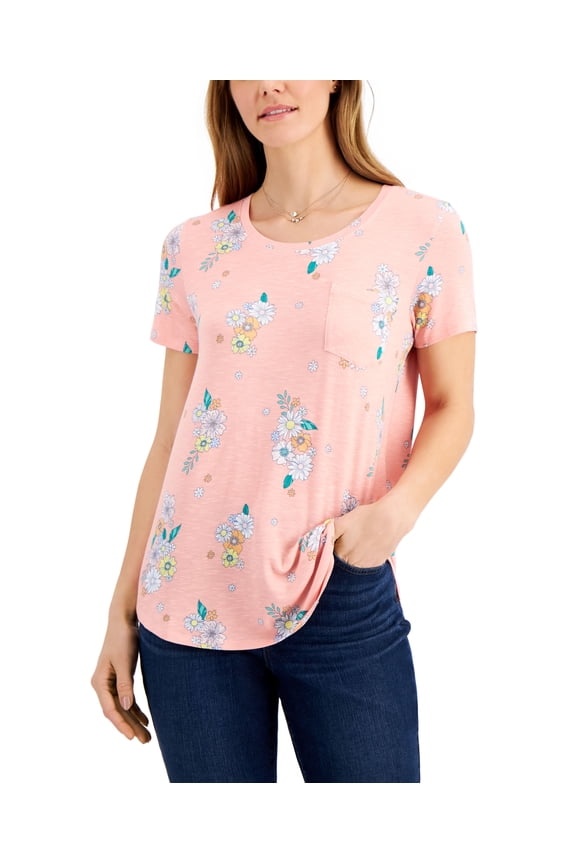 Style & Co Printed Drapey Pocket T-Shirt Retro Pink 2XL