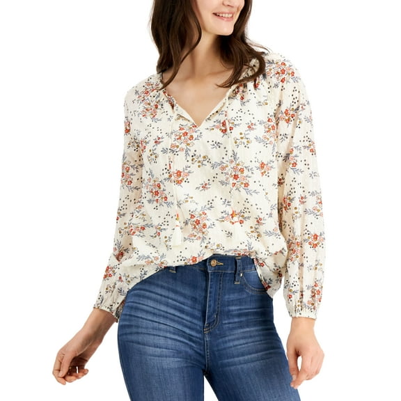 Style & Co Printed Embroidered Peasant Top Natural Ivory M