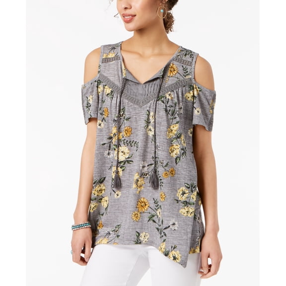 Style & Co Printed Handkerchief Peasant Top Grey Field XL