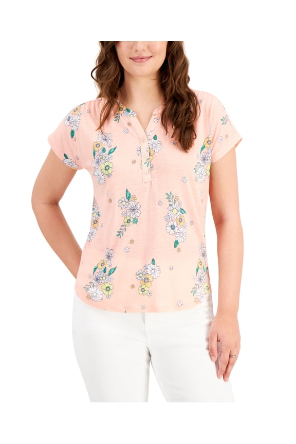 Style & Co Printed Henley T-Shirt Retro Pink L