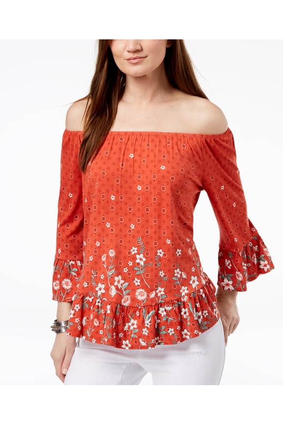 Printed Off-The-Shoulder Flounce Womens L Petite Orange MSRP $49