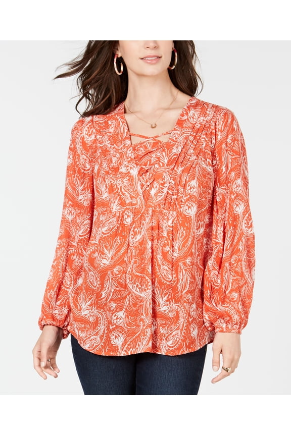 Style & Co Printed Pintucked Lace Up Top Idealic Paisley XS