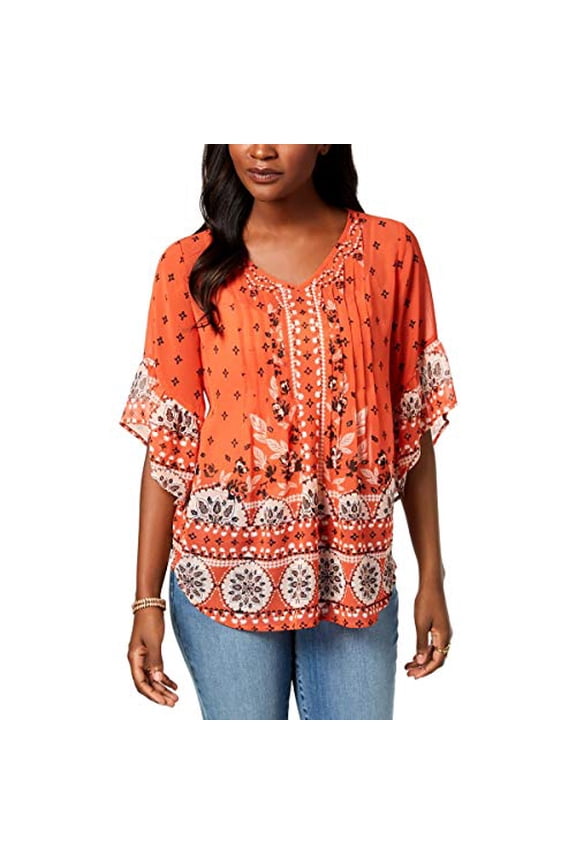 Style&Co Printed Pintucked Top (Riverside Salmon, L)