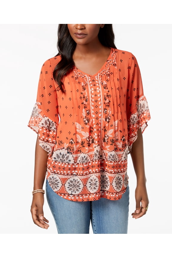 Style & Co Printed Pintucked Top Riverside Salmon S