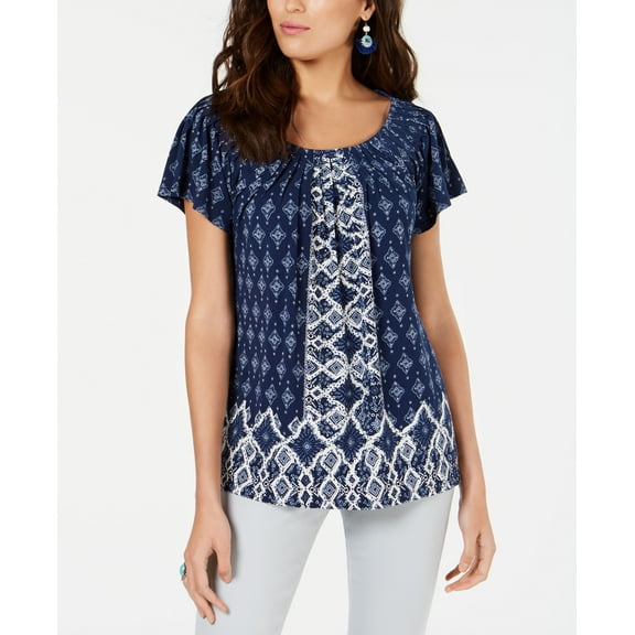 Style & Co Printed Pleated Neck Top Medallion Navy S