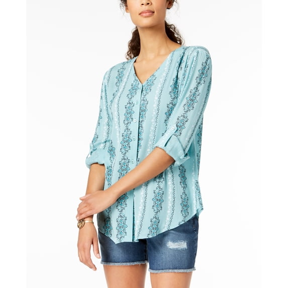 Style & Co Printed Roll Tab Shirt Solar Turquoise L