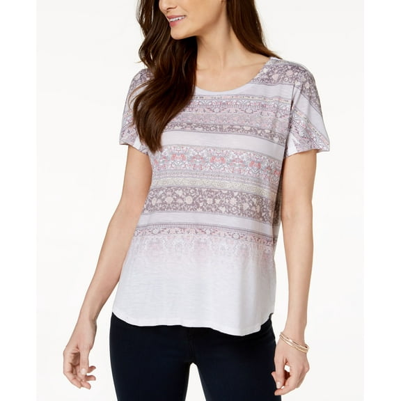 Style & Co Printed Scoop Neck T-Shirt Stripe Fade M