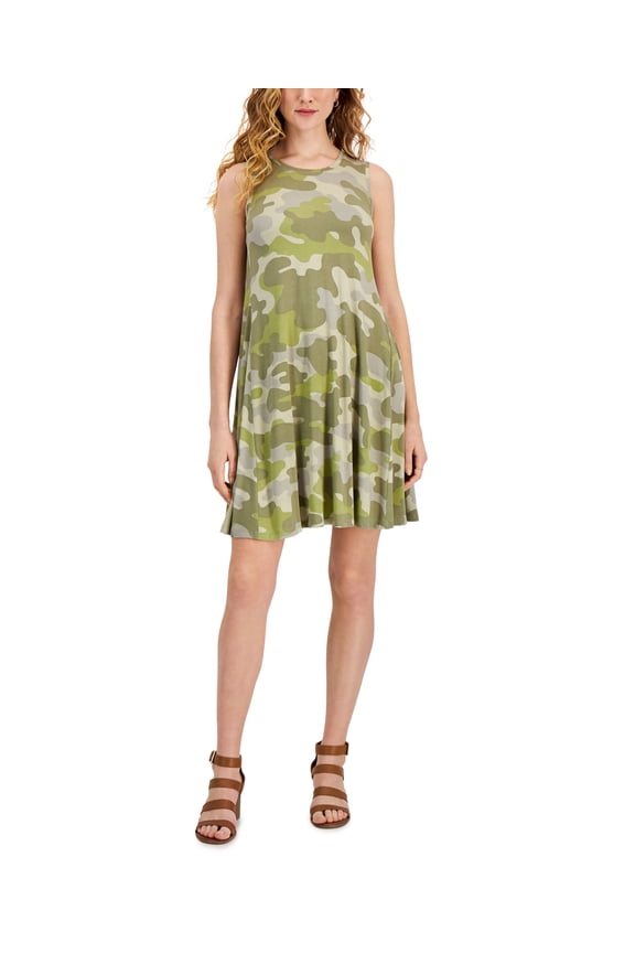 Style & Co Printed Shift Dress Green Camo M