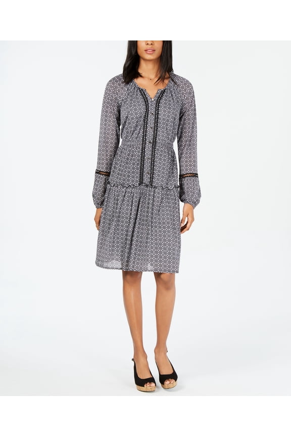 Style & Co Printed Split Neck A Line Dress Folk Tiles M