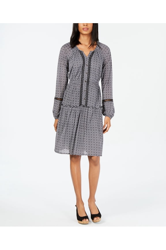 Style & Co Printed Split Neck A Line Dress White 10